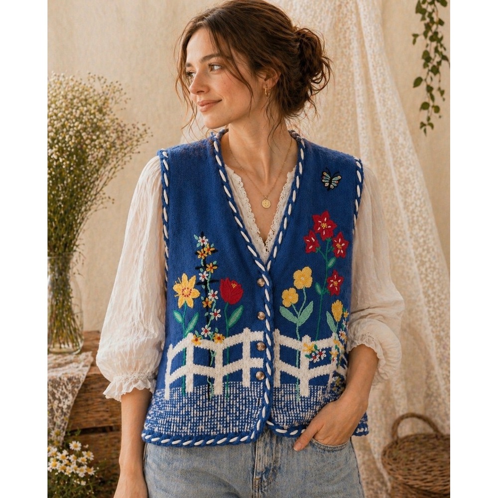 VTG Koret Floral Sweater Vest L Embroidered Cottagecore 
Button up  grandmacore